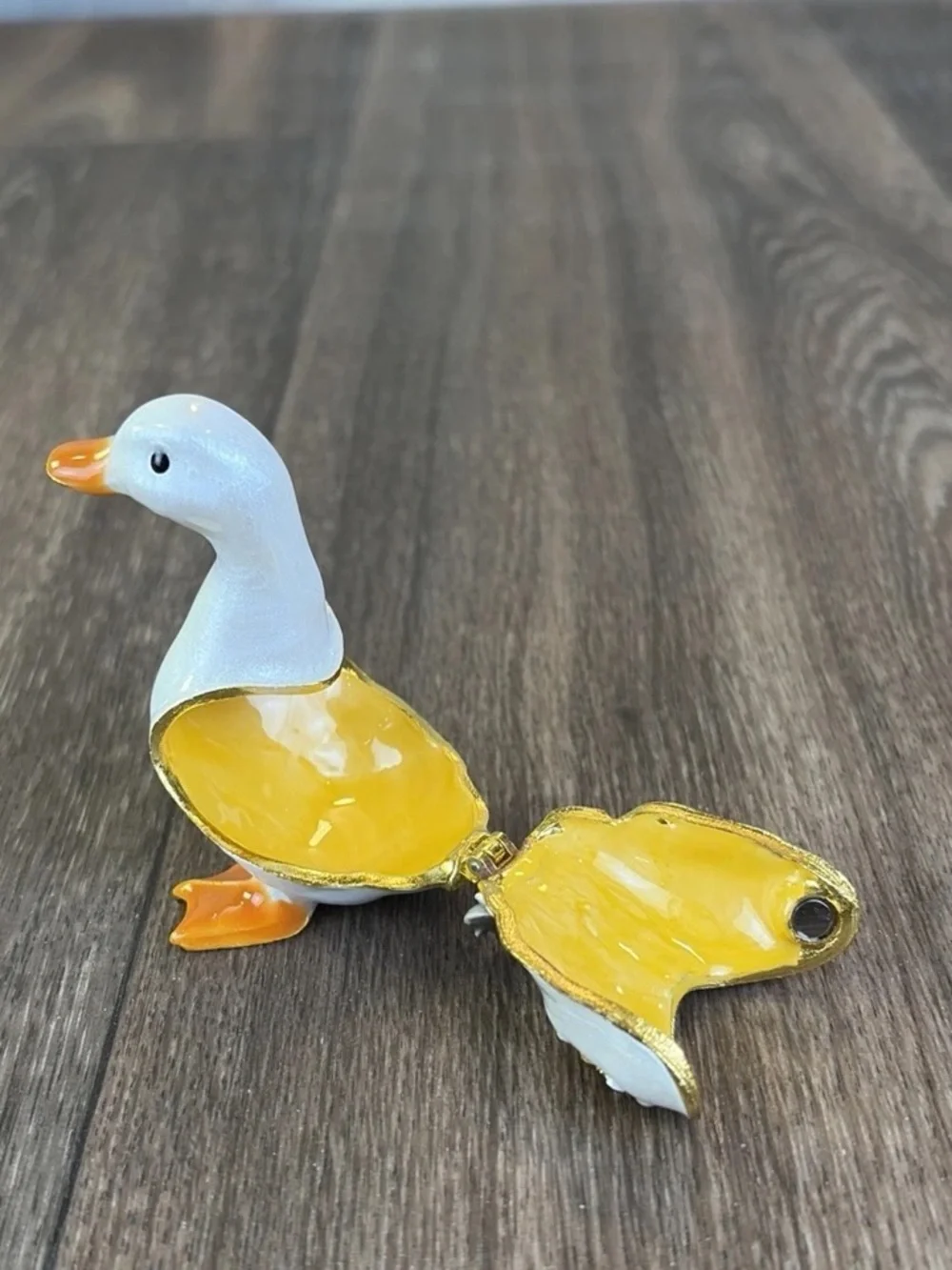 Enamel & Rhinestone Hinged White & Orange Duck Jewelry Pill Trinket Box Jeweled
